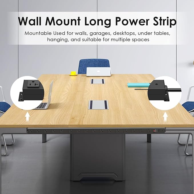 JUNNUJ Long Metal 16 Outlet Power Strip, Heavy Duty Power Strips Surge Protection 4800J with Circuit Breaker, 20a Wide Spaced Socket Wall Mount 5-15P Adapter High Amp 6-20R T-Slot 4FT Extension Cord