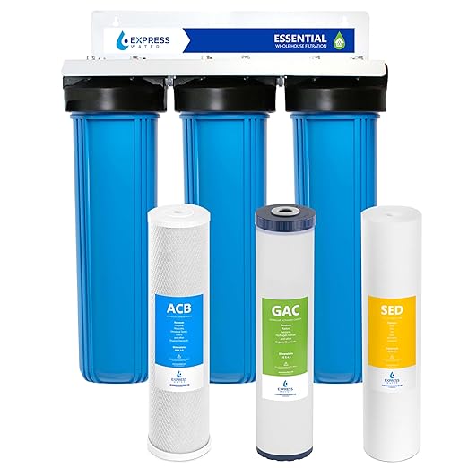 Express Water Whole House Water Filter System | ESSENTIAL | 3 Stage Whole Home Filter, Top-Tier Filters Produce Overachieving H2O, Significantly Reduces Chlorine & Sulfur Smell/Taste, Healtheir Skin