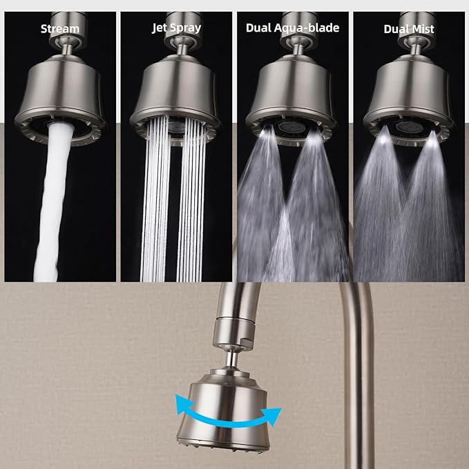 iFealClear Kitchen Sink Faucet Head, 360° Faucet Sprayer Attachment for Kitchen Faucet, Large Angle Faucet Aerator 55/64-27UNS, 2 Metal Swivel Joints, 4 Spray Modes, Brass Adapters, Brushed Nickel