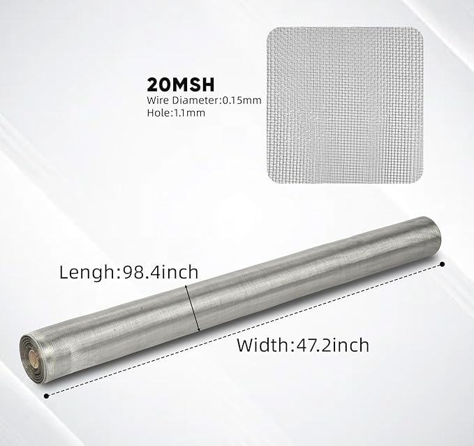 47 Inch X 98 Ft Stainless Steel Window Screen,304 Stainless Steel Mesh Window Screen Roll Stainless Steel Screen 20 Mesh Door Screen Replacement Mesh Roll for Screen Porch Pool Garden