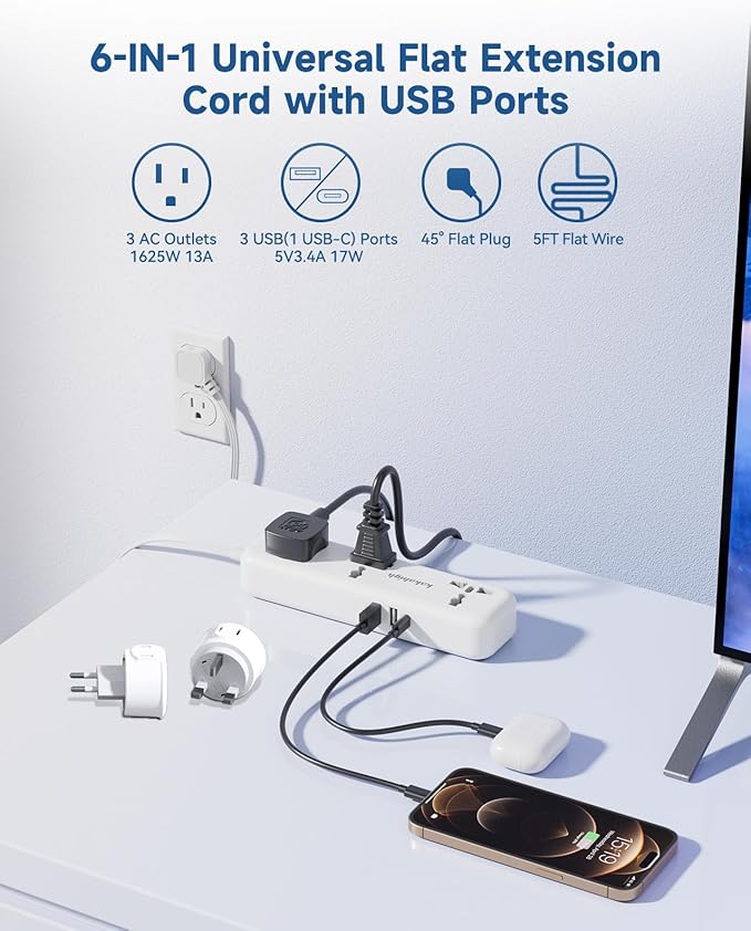 European Travel Plug Adapter Kit with USB Ports, Universal Extension Cord 5 FT, USA to European, UK Plug Adapter for Travel & Life, Accepts Type A/B/C/D/E/F/G/H/I/J/K/L/N/O Plugs, White