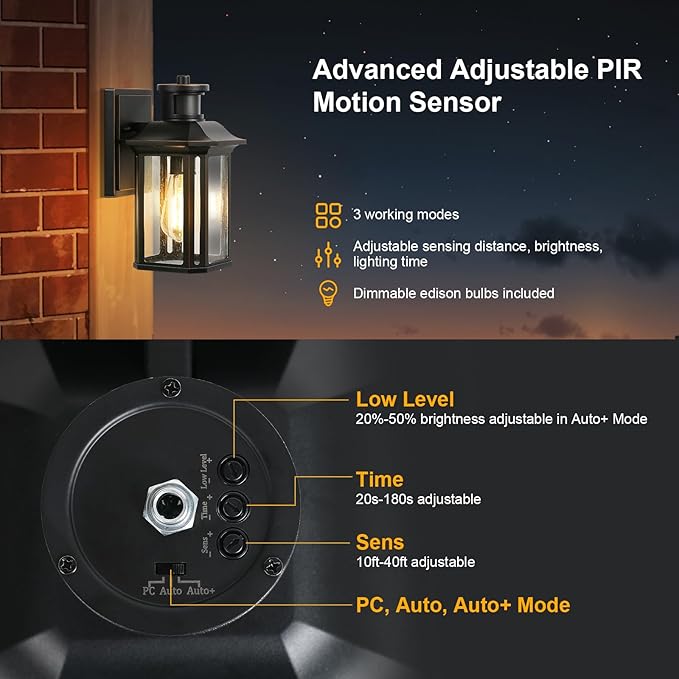 2 Pack Motion Sensor Outdoor Lights, 3 Adjustable Lighting Modes Porch Lights, Dusk to Dawn Exterior Lighting Fixture, Waterproof Outside Wall Lantern Sconce for House, Garage, Front Porch, ETL Listed