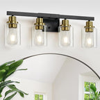 Bathroom Vanity Light, 4-Light Black and Gold Bathroom Light Fixtures with Clear Glass Shade, Bathroom Lighting Fixtures Over Mirror,Bath Black Wall Lights for Mirror Bedroom,Living Room