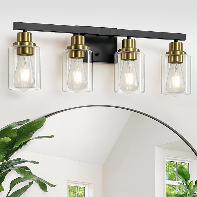Bathroom Vanity Light, 4-Light Black and Gold Bathroom Light Fixtures with Clear Glass Shade, Bathroom Lighting Fixtures Over Mirror,Bath Black Wall Lights for Mirror Bedroom,Living Room