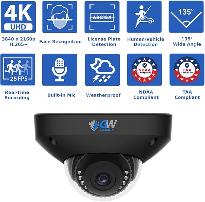 GW Security 8 Channel NVR UltraHD 4K Face Recognition NDAA & TAA Compliant Security Camera System with 8 x 8MP Waterproof 130° Wide Angle PoE Dome Cameras, 10 Smart AI Functions