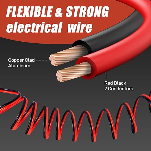 18Gauge 50FT Electrical Wire Cable Flexible Wire Extension Cord 18AWG Copper Clad Aluminum Copper Wire 2 Conductors Red Black Parallel Wire line Hookup LED Lighting Strips 12V/24V DC Cable
