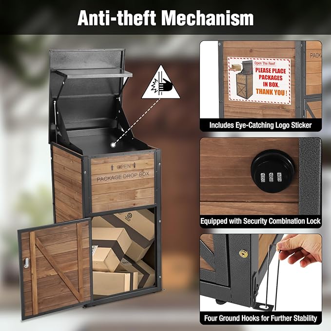 Outdoor Package Delivery Box with Lock - Weatherproof Parcel Drop Boxes for Porch, Anti-Theft Design, Wood-Grain Decorative Mailboxes for Secure Mail & Packages