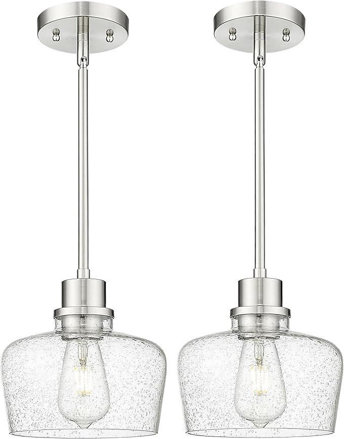 Emak Modern Brushed Nickel Pendant Lights Kitchen Island, 2 Pack 8 Inch Seeded Glass Pendant Light Fixtures for Kitchen Island, Bathroom, Bedroom, Dining Room, PL122-BN-2PK