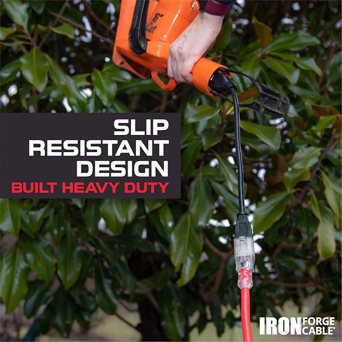 Iron Forge Cable 10 ft Lighted Outdoor Extension Cord - 12/3 SJTW Red 10 ft Extension Cord Heavy Duty with 3 Prong 15 AMP Grounded Plug for Safety