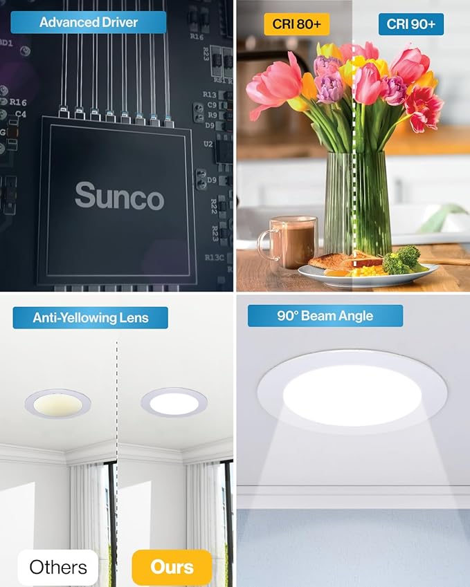 Sunco 24 Pack 4 Inch LED Recessed Lights, Slim Canless Ceiling Lighting, 650 LM, 10W (60W Equivalent), 4000K Cool White, Dimmable, Wafer Thin, Ultra Thin with Junction Box ETL.