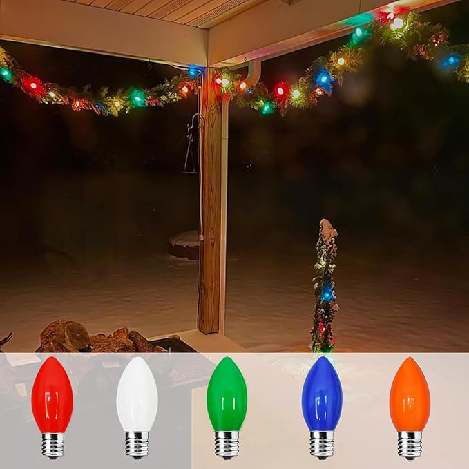 C9 Incandescent Light Bulbs Christmas Light Bulbs, 25 Pack C9 Opaque Multicolor Replacement Bulbs, E17/C9 Intermediate Base Bulbs for Patio Outdoor Christmas String Lights, 7 Watts