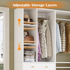 5FT Closet System with Drawers, 96 Inches Walk In Closet Organizer System with Shoe Rack, 3 Hanging Rods, Wall Mount Bedroom Wardrobe Clothes Garment Rack