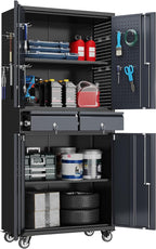 Metal Garage Storage Cabinet with 2 Drawers and 2 Adjustable Shelves, Rolling Tool Storage Cabinet with Wheels and Locking Doors for Garage, Warehouse, Black and Dark Gray
