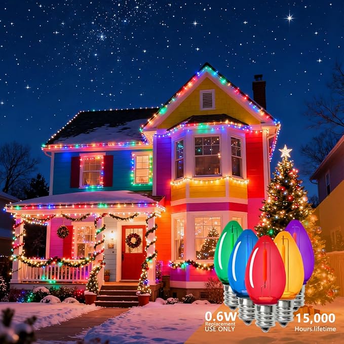 C7 Christmas Led Light Bulb, Multicolor Replacement Night Light Bulb, 0.6W Shatterproof Led Bulbs, E12 Standard Base, 50 Pack