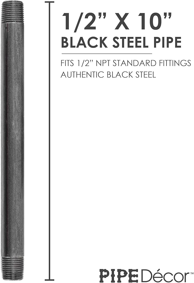 PIPE DÉCOR 1/2” x 10” Malleable Cast Iron Pipe Nipple, Pre Cut Connectors, Industrial Steel Grey Fits Standard Half Inch Black Threaded Pipes Nipples and Fittings, Build Vintage DIY Furniture, 6 Pack