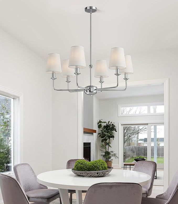 Modern 6 Light Chrome Chandelier with White Fabric Shades Elegant Ceiling Light,Farmhouse & Industrial Pendant Chandelier for Dining Room Living Room Bedroom,E12 Base