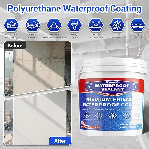 Polyurethane Waterproof Coating, Bright White, Multi-Surface Leak Repair Roofs, Showers, Windows, Basements, Indoor and Outdoor Liquid Water Proof Sealant, 0.4 Gallon