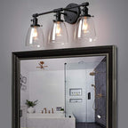 Phansthy 3-Light Wall Sconces Antique Brass Vanity Light, Industrial Wall Lamps with On Off Switch and Clear Glass Lampshade, Vintage Wall Lighting for Bathroom Living Room (Black, Bell Shade)