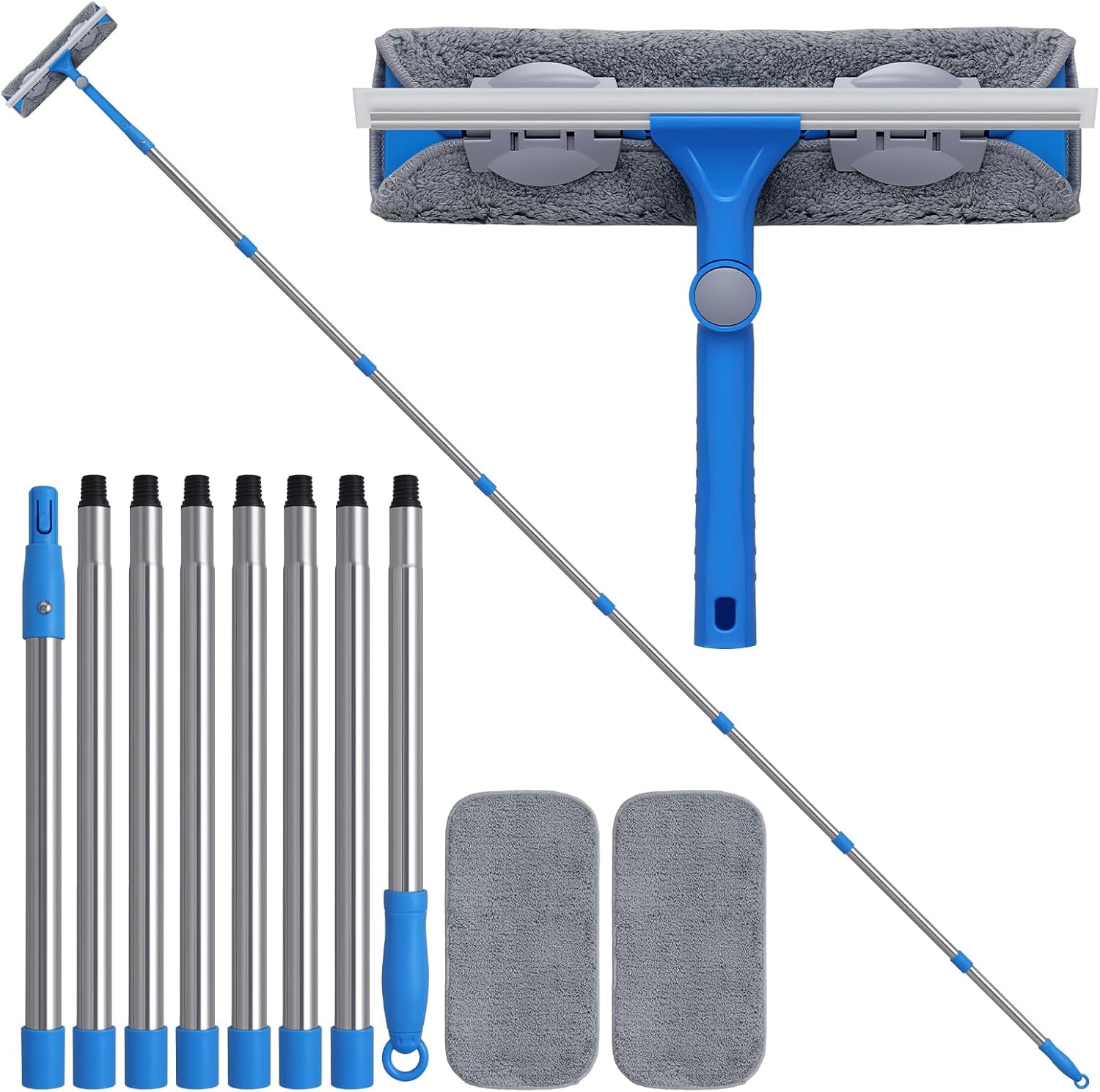 15 Feet High Reach Window Squeegee with Extension Pole(10Ft), 2-in-1 Window Cleaner Tool, Window Washing Kit, Long Window Cleaning Equipment for High Indoor Outdoor Windows Car RV Windshield