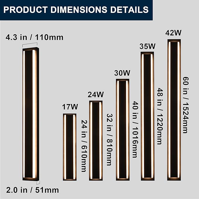 MELUCEE 2 Pack Long Outdoor Wall Lights 24W 5 Color Dimmable Modern Exterior Lighting Fixtures LED Linear Outdoor Wall Sconce for Garage Patio Balcony Porch, 3000K-6000K Adjustable, IP65 Waterproof