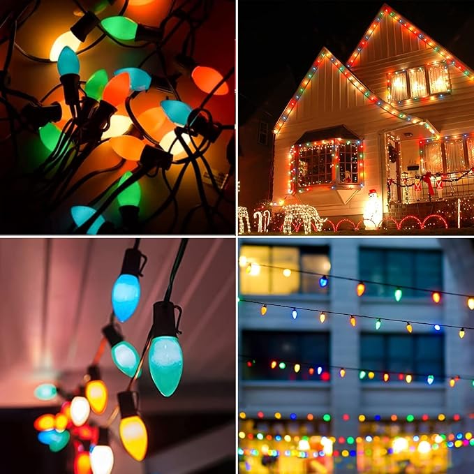 25FT C7 Christmas Decorations Lights, Vintage Christmas Lights String, Multicolor Christmas Tree Lights, Xmas Light for Outdoor Indoor Holiday Decorations with 27 Colorful Ceramic Bulbs (2 Spare Bulb)