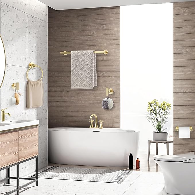 TQKAG Brushed Gold 5 Piece Bathroom Hardware Accessories Set 23.6" SUS304 Stainless Steel Bathroom Towel Bar Holder Sets Double Post Pivoting Toilet Paper Holder Set Wall Mounted