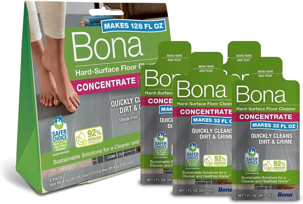 Bona Multi-Surface Floor Cleaner Concentrate - 1 fl oz - 4-Pack - Residue-Free Floor Cleaning Solution for Bona Spray Mop and Spray Bottle Refill - For Stone, Tile, Laminate, and Vinyl Floors