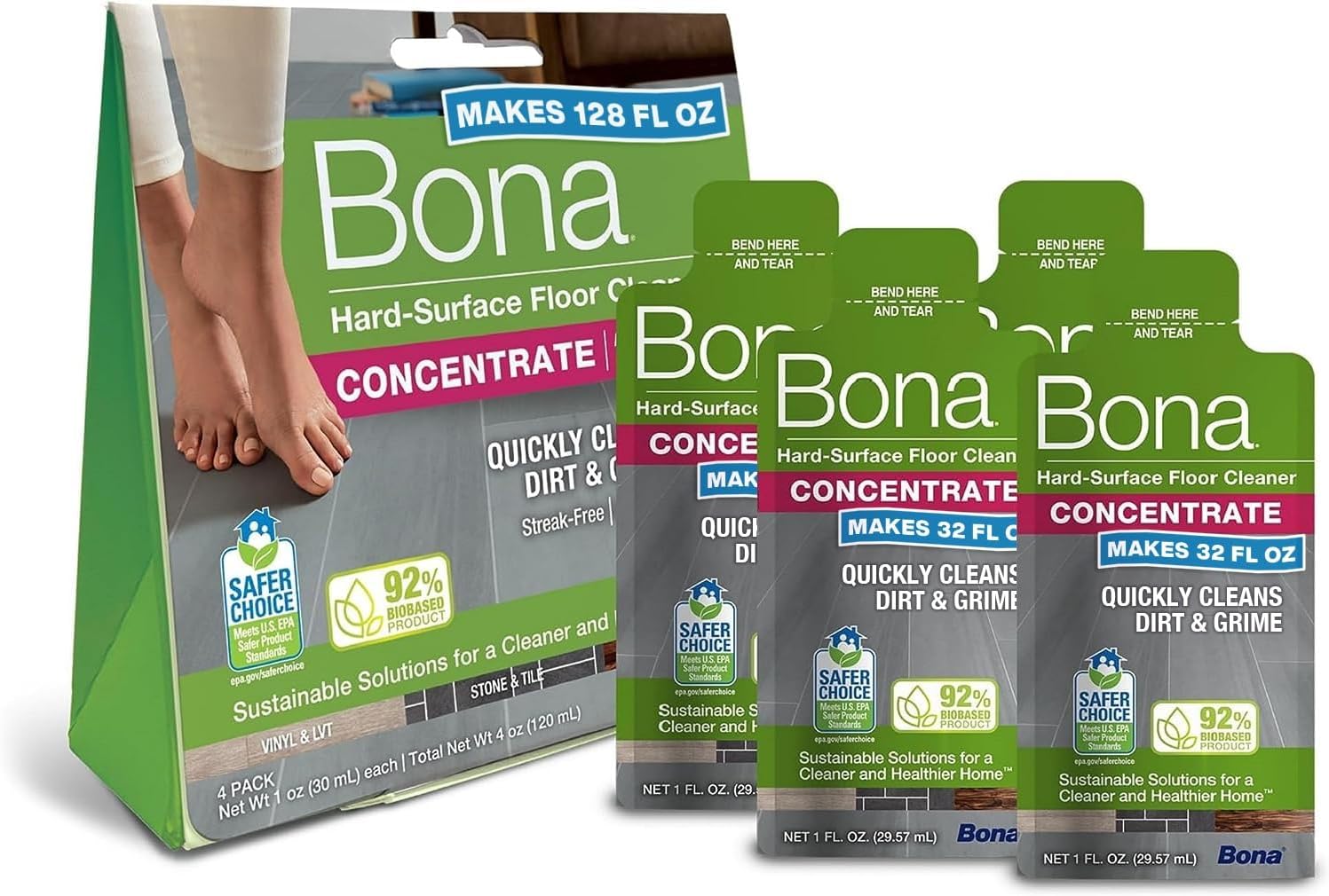Bona Multi-Surface Floor Cleaner Concentrate - 1 fl oz - 4-Pack - Residue-Free Floor Cleaning Solution for Bona Spray Mop and Spray Bottle Refill - For Stone, Tile, Laminate, and Vinyl Floors