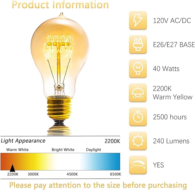 Edison Bulb, A19 Bulbs 6 Pack, Retro Style Incandescent Light Bulbs,Dimmable 120V 40W Antique Vintage Light Bulb, 240 Lmens E26 Base, Amber 2200K Warm White Light, for Home Office Desk Lamp