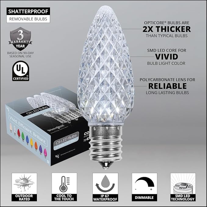 Wintergreen Lighting 25 Pack OptiCore LED C9 Cool White Christmas Light Bulbs - Premium Shatterproof C9 LED Christmas Replacement Bulbs, E17 Bulbs/Base (Cool White Faceted)