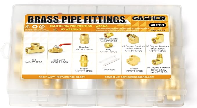 GASHER 48PCS 1/4"NPT Brass Pipe Fittings Kit，Coupling，90 Degree Elbow，45 Degree Elbow，Nipple，Ball Valve，Plug，Tee，4 Way，Reducer Adapter