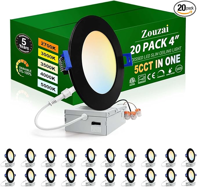 zouzai 20 Pack 4 Inch Black Ultra-Thin LED Recessed Ceiling Light with Junction Box 5CCT Adjustable Dimmable Can-Killer Downlight - ETL and Energy Star Certified