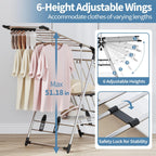 APEXCHASER Clothes Drying Rack with High Hanger, Foldable 3-Level Drying Racks with Shoe Rack, Crossbar and Vertical Rod Laundry Stand with Adjustable Wings Silver
