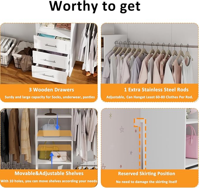 Closet System with Drawers, Wood Closet Organizer System with Adjustable Shelves and Extra Hanging Rod, 81"Tall Closet System for Small Closets, Modular Walk-in Closet System, White (4FT)