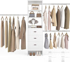 96'' Closet Organizer System with 3 Hanging Rods (Without 3 Storage Shelves), 8FT Closet Systems, Wall Mount Bedroom Wardrobe with 3 Wood Drawers, Adjustable Garment Rack from 5 to 8FT, White