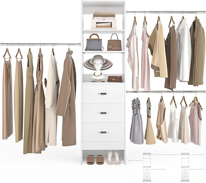 96'' Closet Organizer System with 3 Hanging Rods (Without 3 Storage Shelves), 8FT Closet Systems, Wall Mount Bedroom Wardrobe with 3 Wood Drawers, Adjustable Garment Rack from 5 to 8FT, White