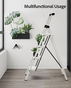 Taranta 4 Step Ladder, Lightweight Aluminum Step Stool with Convenient Handgrip, Folding Ladder with Anti-Slip Pedals, 330lbs Capacity Stepladder for Home, Office, Kitchen - White