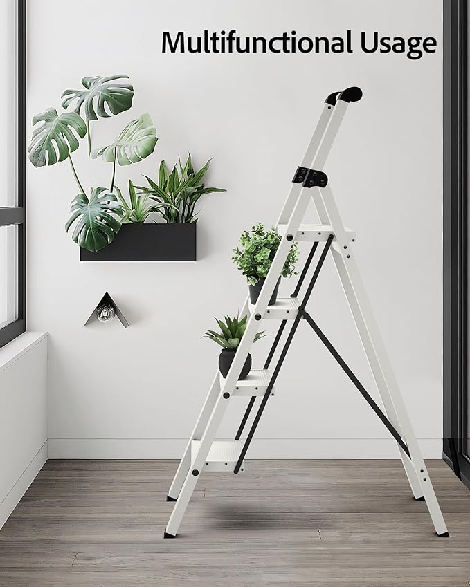 Taranta 4 Step Ladder, Lightweight Aluminum Step Stool with Convenient Handgrip, Folding Ladder with Anti-Slip Pedals, 330lbs Capacity Stepladder for Home, Office, Kitchen - White