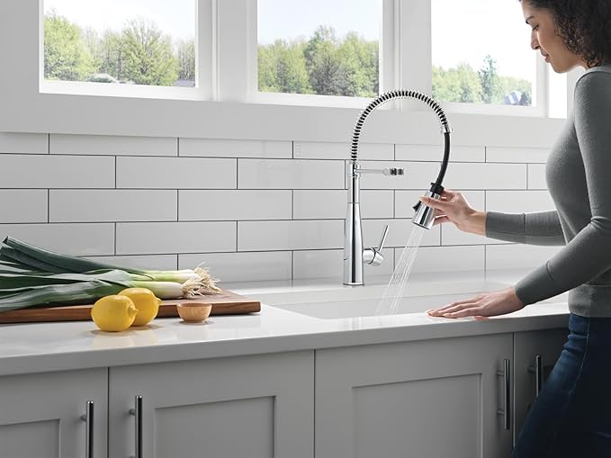 Delta Essa Pro Style Commercial Kitchen Faucet with Pull Down Sprayer, Chrome Single Hole Kitchen Sink Faucet, Single Handle, Chrome 9613-DST