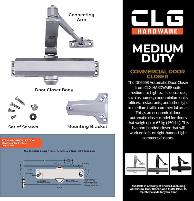 CLG HARDWARE DC6003 Medium Duty Commercial Door Closer - Surface Mounted, Automatic Door Closer, Cast Aluminum - UL 3 Hour Fire Rated, Size 3 for Residential & Light Commercial Doors - US26D Aluminum