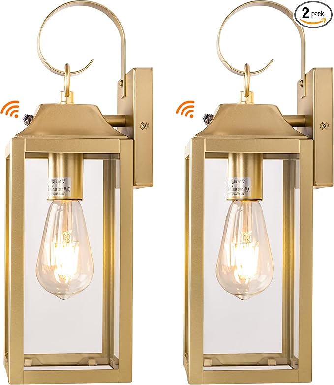 Dusk to Dawn Wall Lights 2 Pack, Gold Outdoor Light Fixtures, 15 Inch Exterior Wall Sconces Waterproof, Large Outside Lights for House, Modern Wall Lanterns Clear Glass