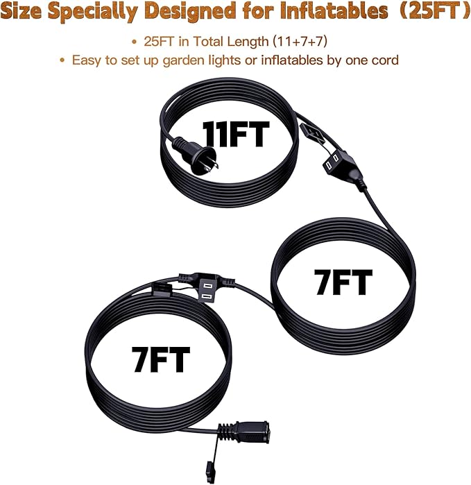 25FT Outdoor Extension Extension Cord for Halloween Christmas Inflatables with Multiple Outlets Black Electrical Cord with Multiple Plugs Outdoor Christmas Blow Up Decorations Light Extension Cords