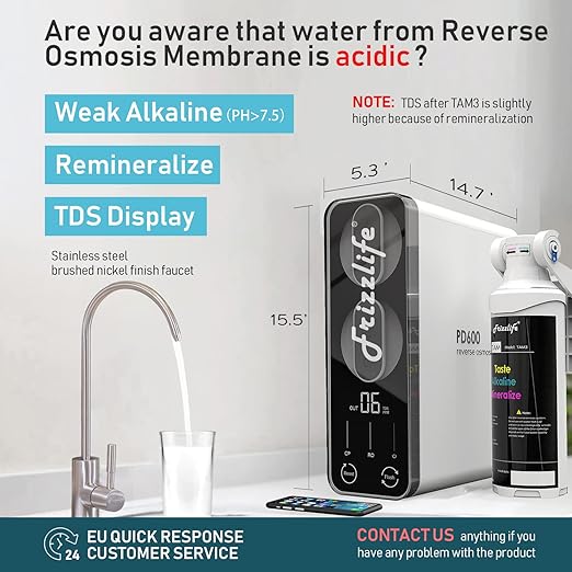 Frizzlife Reverse Osmosis Water Filter - Alkaline Mineral pH+, 600 GPD High Flow, Tankless RO Reverse Osmosis System, Under Sink, Reduce TDS, Compact, 2:1 Drain Ratio, PD600-TAM3