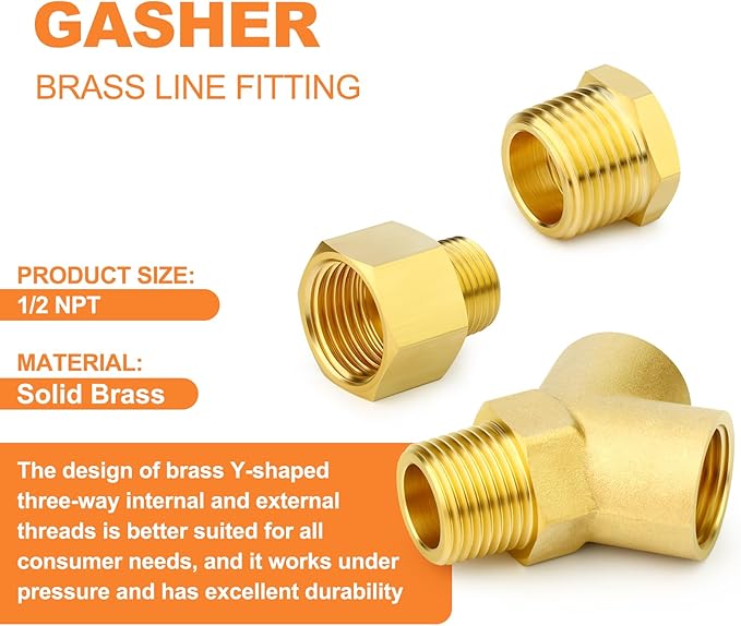 GASHER 5PCS Brass Pipe Fitting Male Branch Tee Y Adapter 1/2" NPT Female x 1/2" NPT Female x 1/2" NPT Male