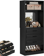 Unikito 25”Freestanding Closet System with 3 Drawers, Organizer Wardrobe with Storage Shelves and Mirror, Sturdy Wood Walk-in Organizer Systems for Small Closets, 25" W x 16" D x 80" H, Black