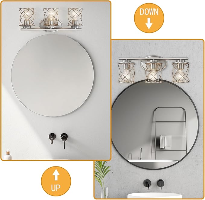 Mavcadonf Modern Vanity Lights with Cage Shade, 3 Lights Over Mirror, Brushed Nickel Bathroom Wall Lamp