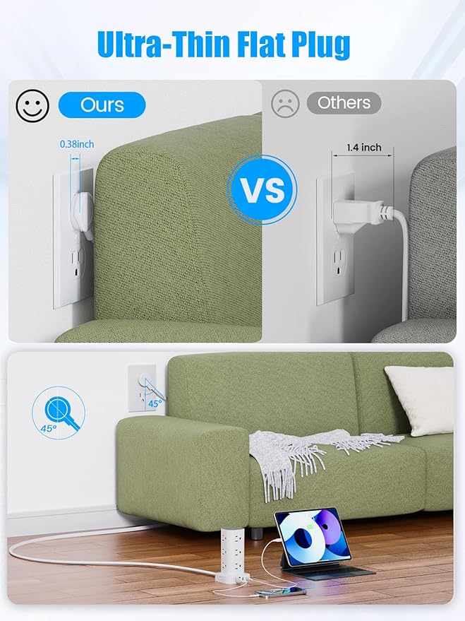 Tower Power Strips with Surge Protection, 6FT Flat Extension Cord with Multiple Outlets, 12 AC 4 USB Ports, Overload Protection Charging Station for Office Home Dorm Room Travel (White)