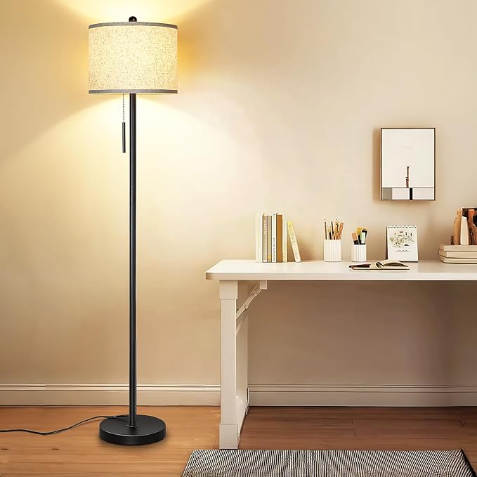 Floor Lamp for Living Room, 63in Black Standing Lamp, 3-Way Dimmable Floor Lamp for Bedroom, Tall Lamp with White Linen Shade for Office