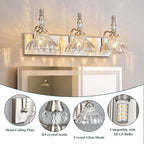 Vintage Bathroom Vanity Light, 3-Light Brushed Nickel Vanity Lighting Fixture with Flower Glass Shade, Bathroom Lighting Fixtures Over Mirror