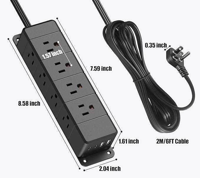 45W USB-C Fast Charging Under Desk Power Strip,12 Outlet Mountable Power Strip with 4 USB,1200J Surge Protection,6FT Flat Extension Cord Black